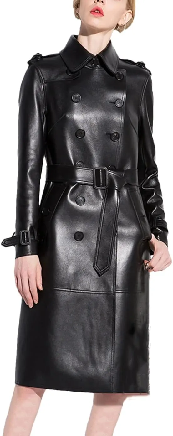 Women Spring Autumn Long Black Faux Leather Trench Coat Belt Double Breasted Vintage Overcoat