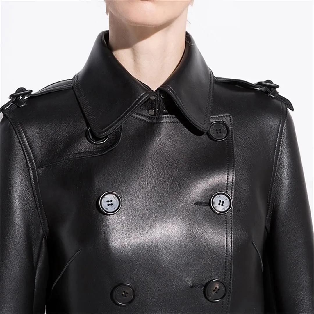Women Spring Autumn Long Black Faux Leather Trench Coat Belt Double Breasted Vintage Overcoat