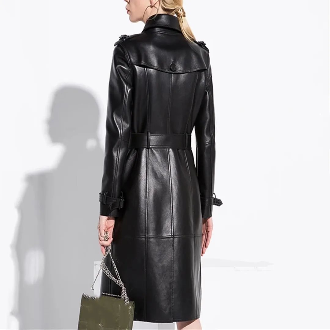 Women Spring Autumn Long Black Faux Leather Trench Coat Belt Double Breasted Vintage Overcoat