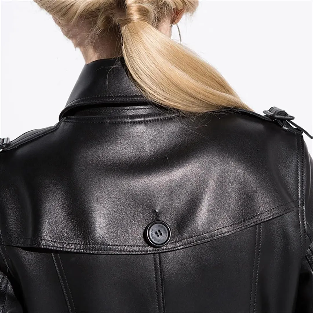 Women Spring Autumn Long Black Faux Leather Trench Coat Belt Double Breasted Vintage Overcoat