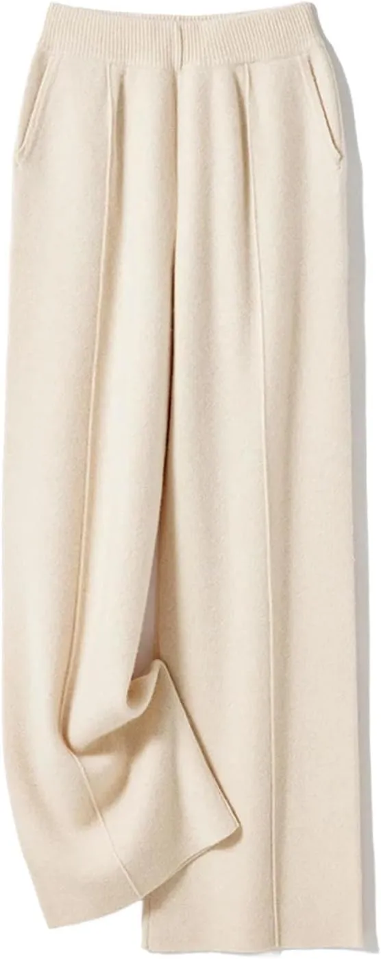 Womens Cable Kint Wide Leg Pants 100 Percent Merino Wool Knitted Trousers Winter Thick Warm High Pants
