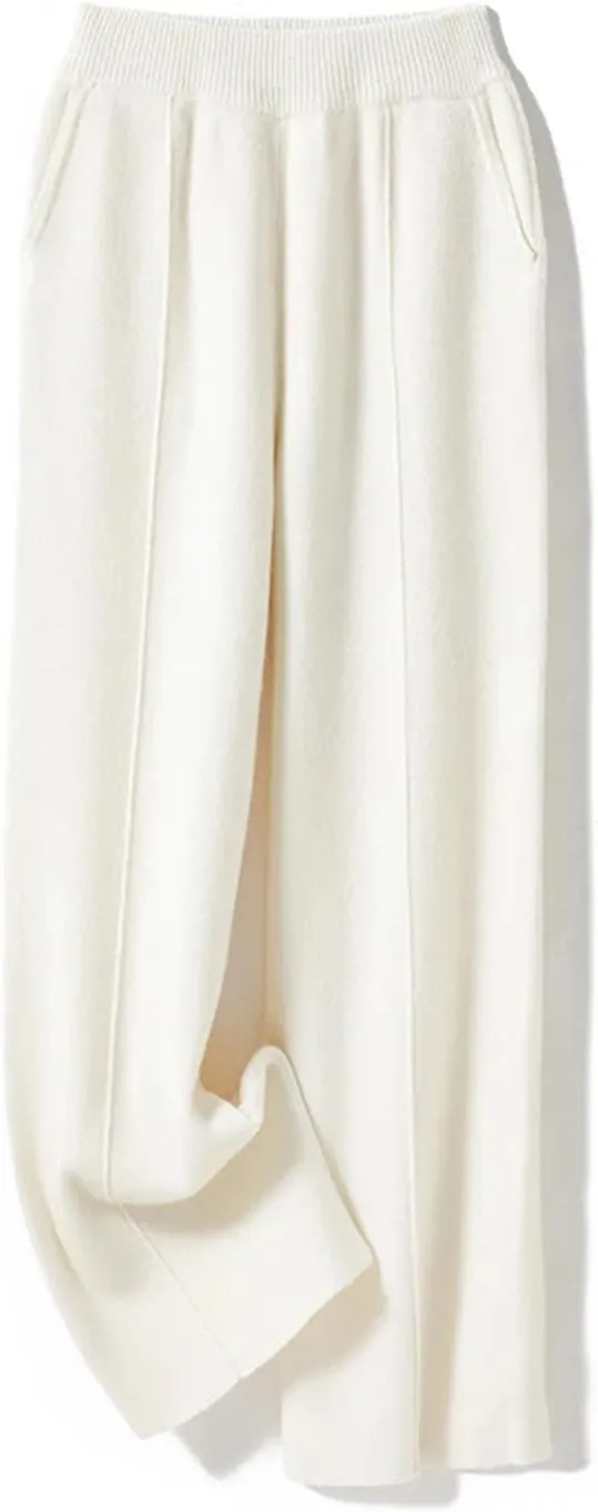 Womens Cable Kint Wide Leg Pants 100 Percent Merino Wool Knitted Trousers Winter Thick Warm High Pants