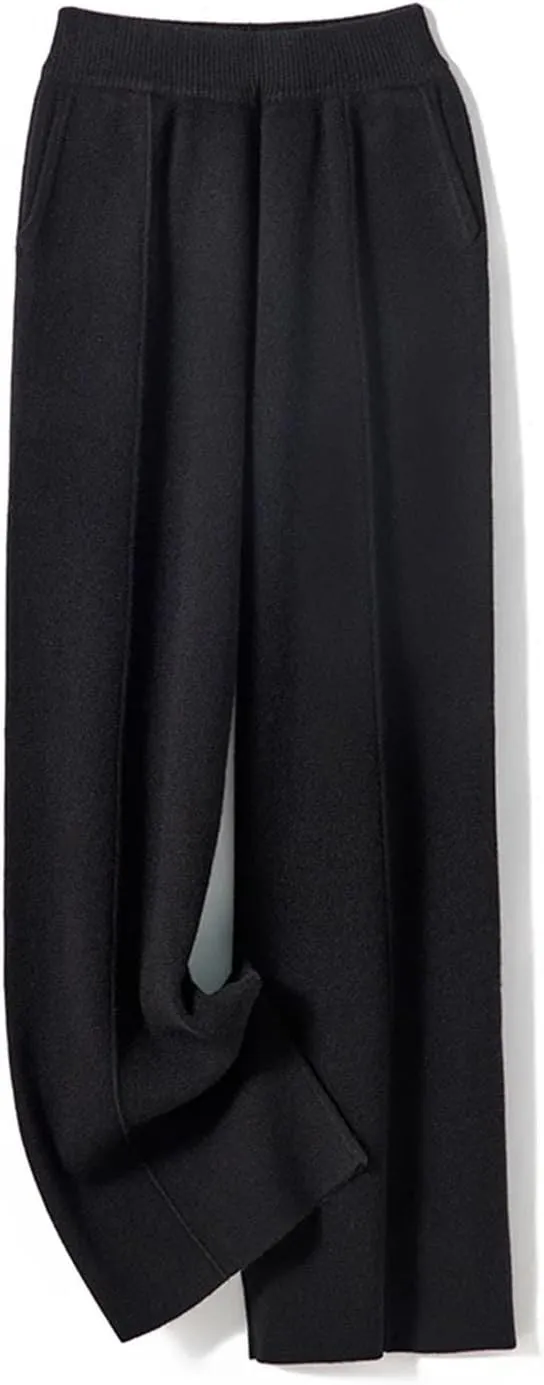 Womens Cable Kint Wide Leg Pants 100 Percent Merino Wool Knitted Trousers Winter Thick Warm High Pants
