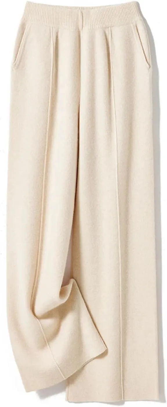 Womens Cable Kint Wide Leg Pants 100 Percent Merino Wool Knitted Trousers Winter Thick Warm High Pants