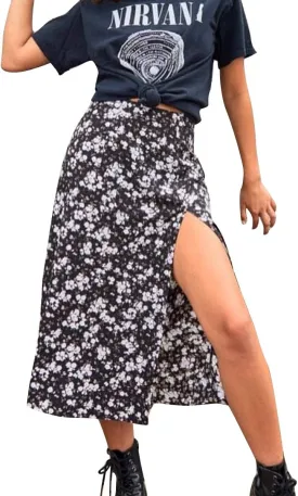Women's Casual High Waist Boho Printed Side Split A-Line Midi Skirt Leopard Half-Length Maxi Swing Skirt