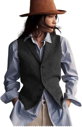Womens Herringbone Tweed Waistcoat Lapel Sleeveless Blazers V Neck Work Office Suit Vests