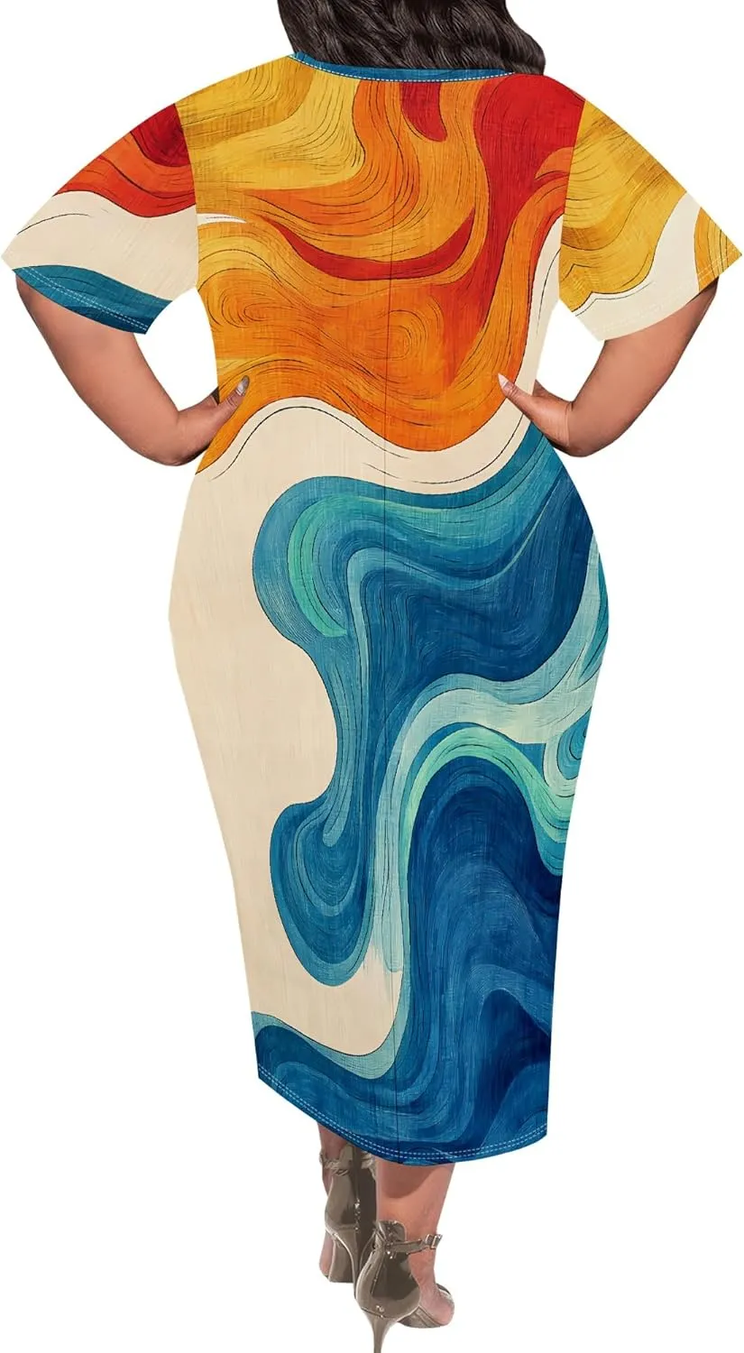 Women's Plus Size Midi Dress African Art Ethnic Style Dress Summer Loose Short Sleeve Round Neck T-Shirt Maxi Dress