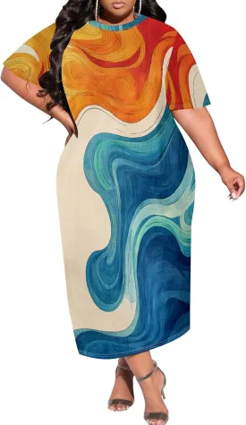 Women's Plus Size Midi Dress African Art Ethnic Style Dress Summer Loose Short Sleeve Round Neck T-Shirt Maxi Dress