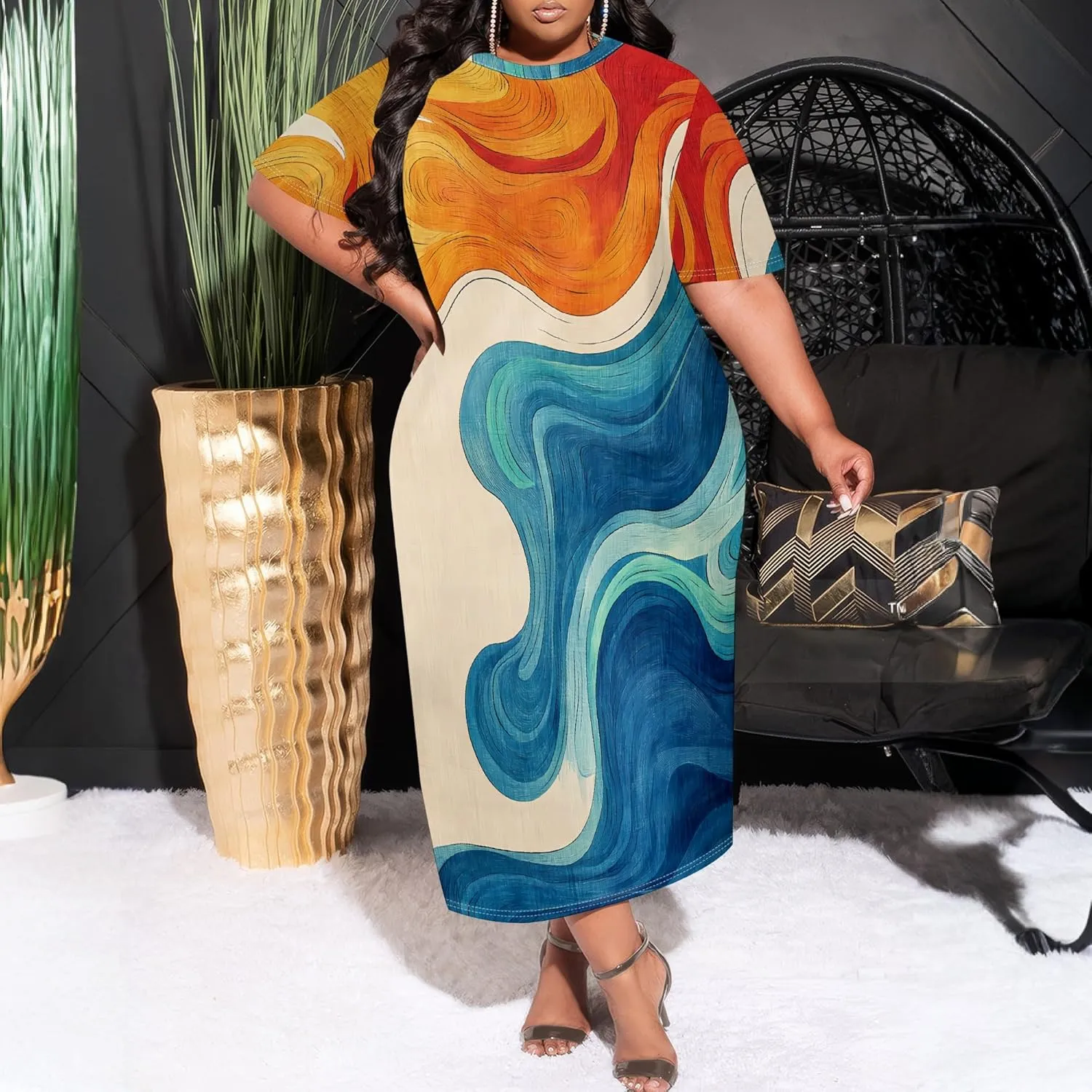 Women's Plus Size Midi Dress African Art Ethnic Style Dress Summer Loose Short Sleeve Round Neck T-Shirt Maxi Dress