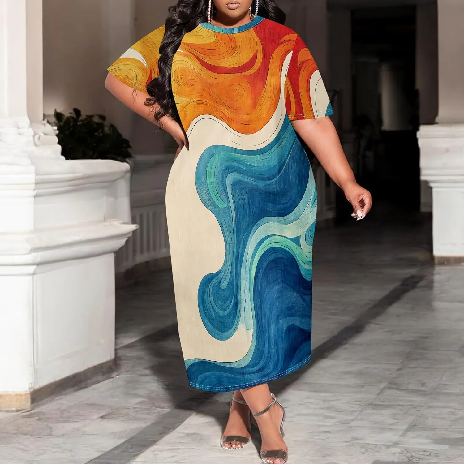 Women's Plus Size Midi Dress African Art Ethnic Style Dress Summer Loose Short Sleeve Round Neck T-Shirt Maxi Dress