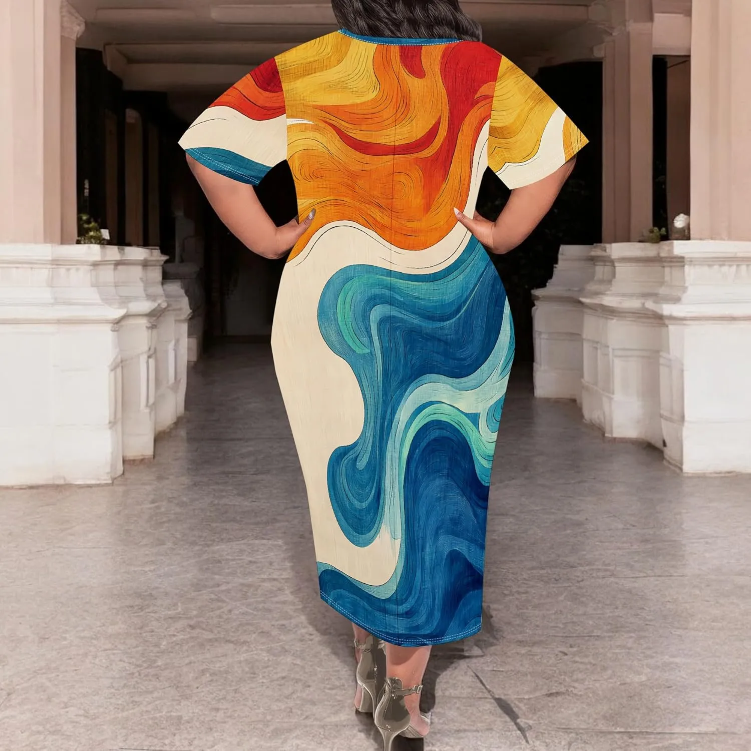 Women's Plus Size Midi Dress African Art Ethnic Style Dress Summer Loose Short Sleeve Round Neck T-Shirt Maxi Dress