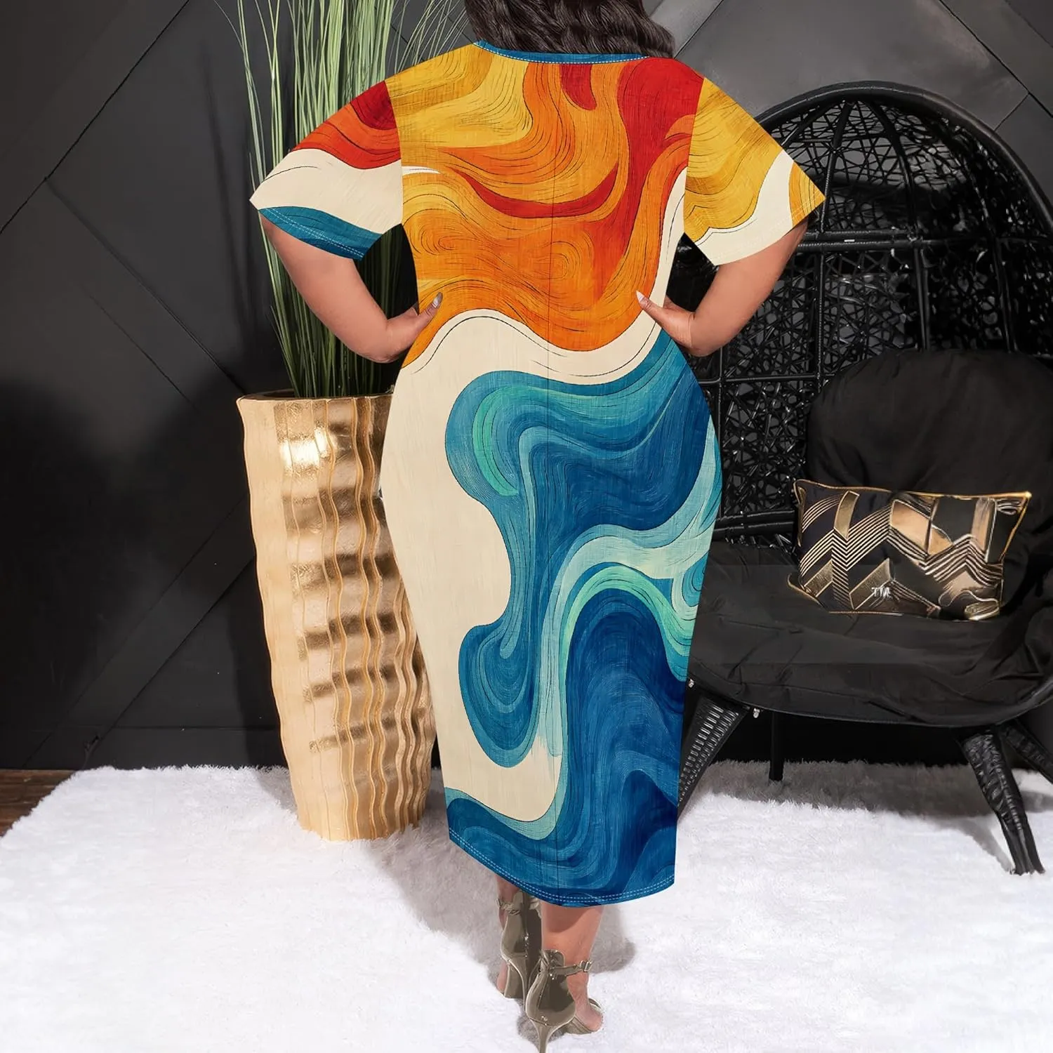 Women's Plus Size Midi Dress African Art Ethnic Style Dress Summer Loose Short Sleeve Round Neck T-Shirt Maxi Dress