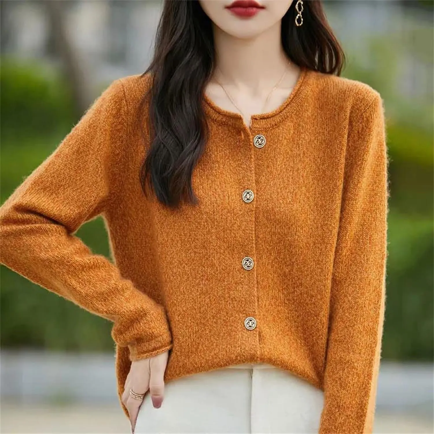 Womens Solid Merino Wool Cardigan Sweater Curly O-Neck Cardigan Knitted Base Layer Soft Warm Top
