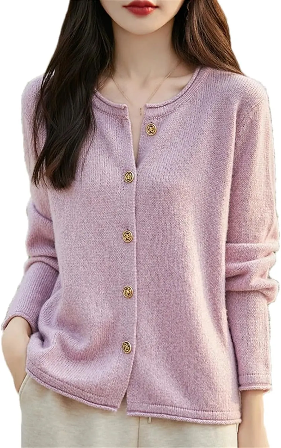 Womens Solid Merino Wool Cardigan Sweater Curly O-Neck Cardigan Knitted Base Layer Soft Warm Top