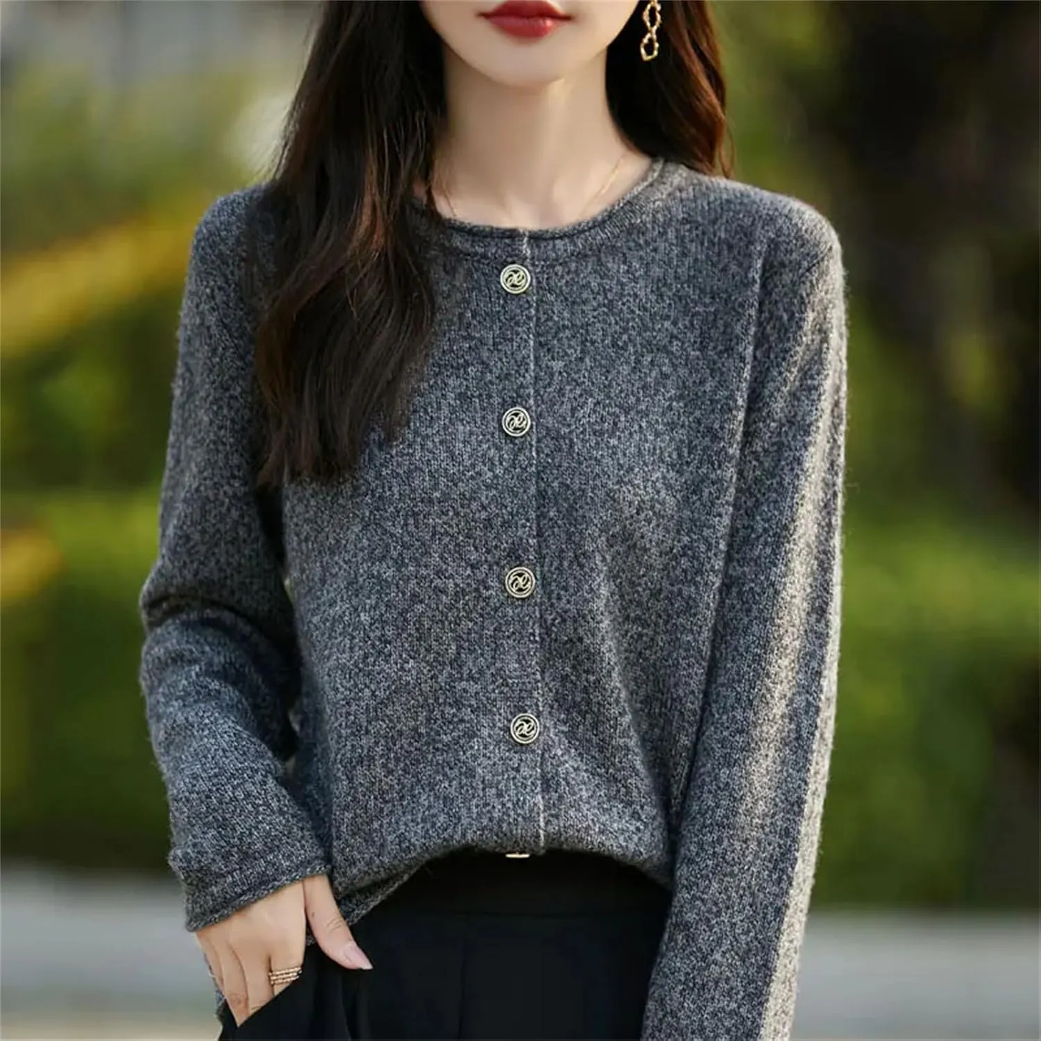 Womens Solid Merino Wool Cardigan Sweater Curly O-Neck Cardigan Knitted Base Layer Soft Warm Top