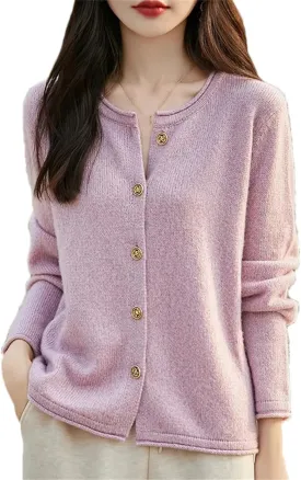 Womens Solid Merino Wool Cardigan Sweater Curly O-Neck Cardigan Knitted Base Layer Soft Warm Top