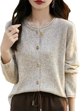Womens Solid Merino Wool Cardigan Sweater Curly O-Neck Cardigan Knitted Base Layer Soft Warm Top