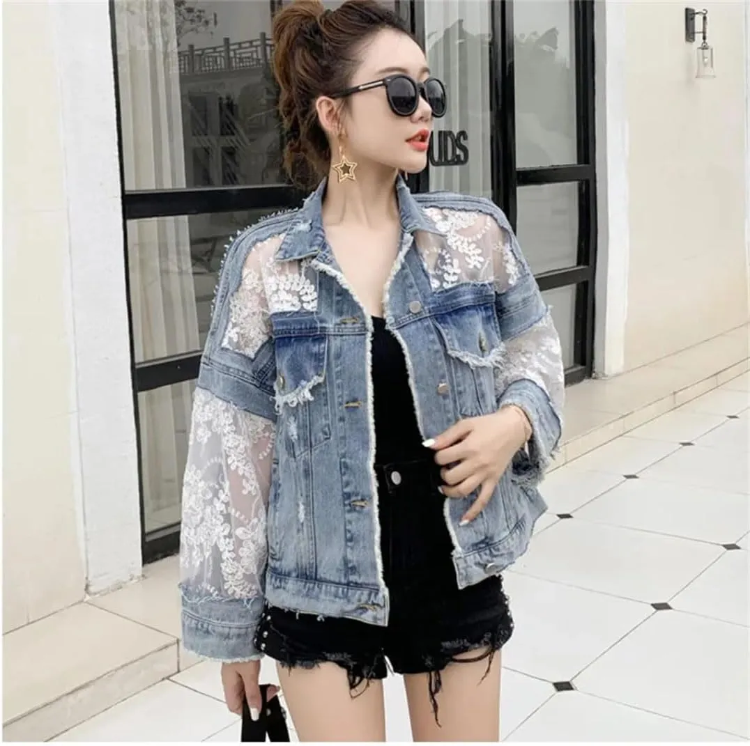 Women's Spliced Lace Short Jeans Jackets Coat Loose Perspective Denim Jacket Long Sleeves Sexy Hollow Out