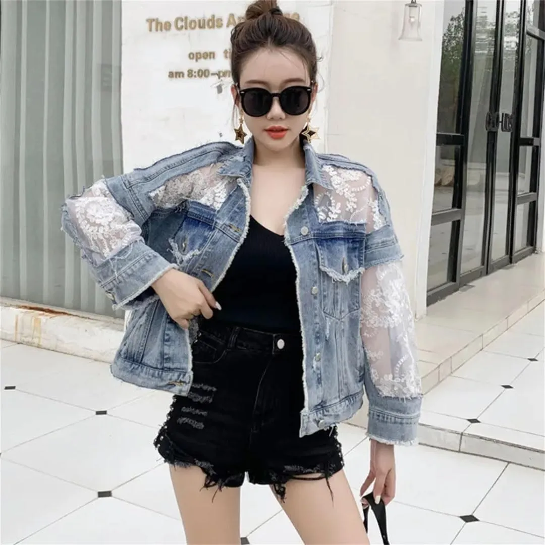 Women's Spliced Lace Short Jeans Jackets Coat Loose Perspective Denim Jacket Long Sleeves Sexy Hollow Out