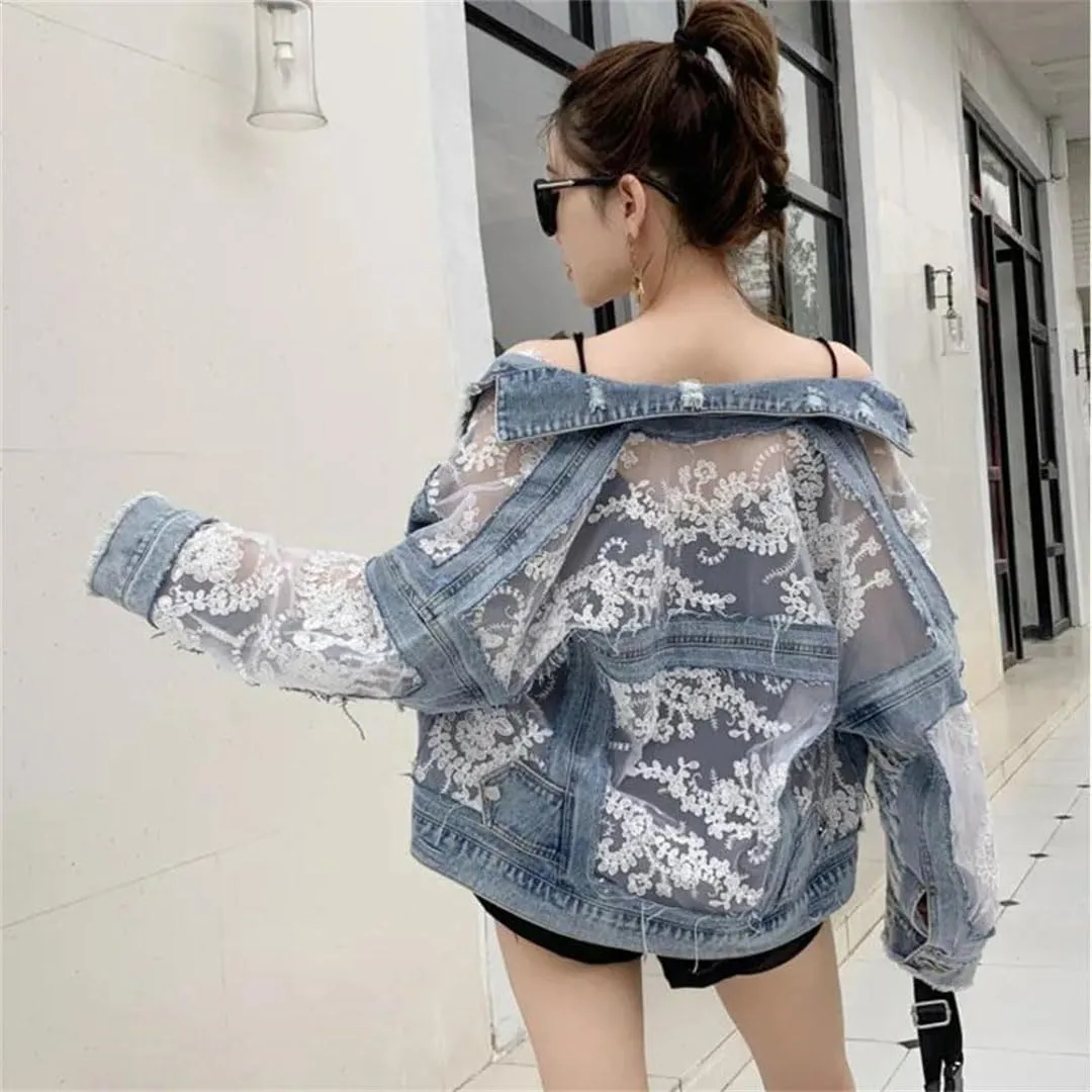 Women's Spliced Lace Short Jeans Jackets Coat Loose Perspective Denim Jacket Long Sleeves Sexy Hollow Out