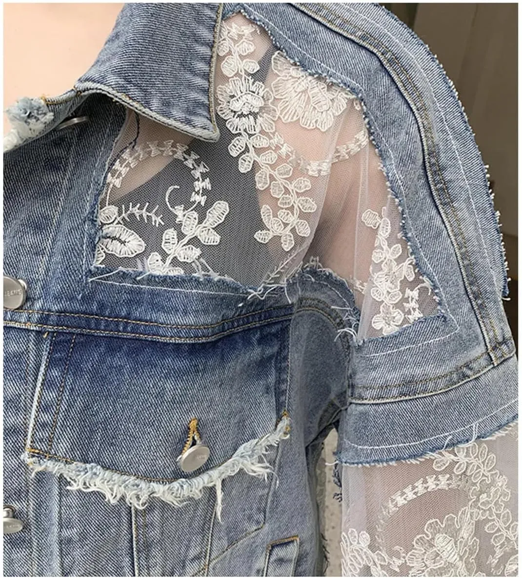 Women's Spliced Lace Short Jeans Jackets Coat Loose Perspective Denim Jacket Long Sleeves Sexy Hollow Out