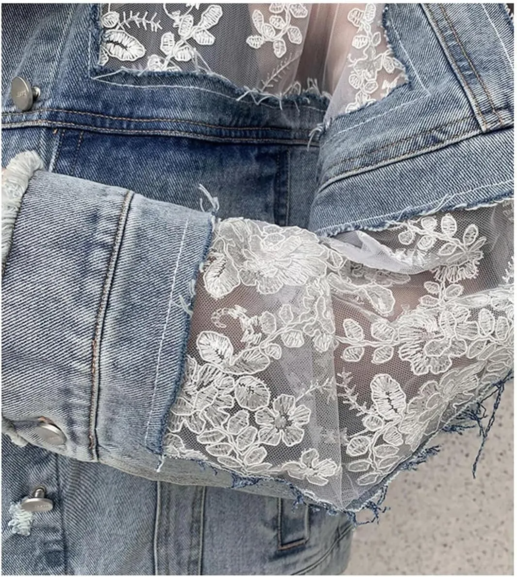 Women's Spliced Lace Short Jeans Jackets Coat Loose Perspective Denim Jacket Long Sleeves Sexy Hollow Out