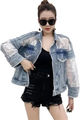 Women's Spliced Lace Short Jeans Jackets Coat Loose Perspective Denim Jacket Long Sleeves Sexy Hollow Out