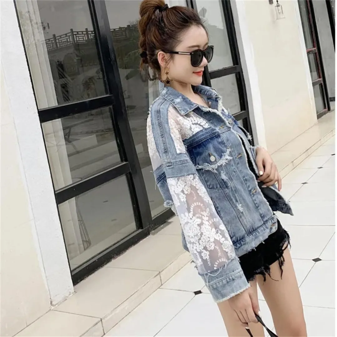 Women's Spliced Lace Short Jeans Jackets Coat Loose Perspective Denim Jacket Long Sleeves Sexy Hollow Out