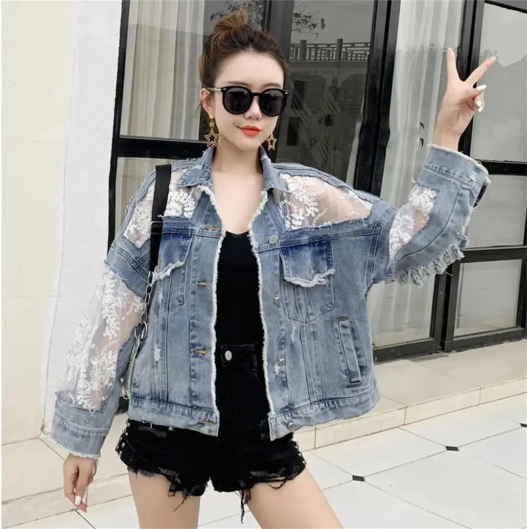 Women's Spliced Lace Short Jeans Jackets Coat Loose Perspective Denim Jacket Long Sleeves Sexy Hollow Out