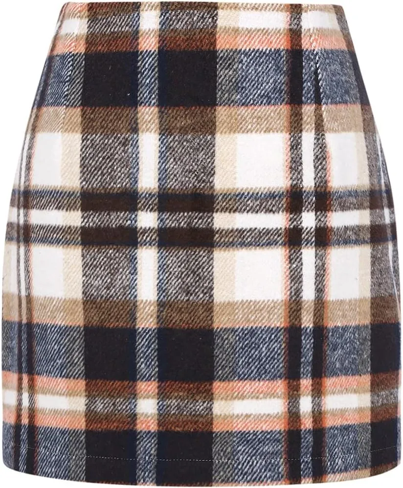 Womens Wool Plaid High Waisted Mini Skirt Bodycon Pencil Skirt, Brown-V9, M