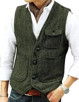 Yarizm Casual Men's Vests Herringbone Tweed Vest V-Neck Waistcoat For Men Retro Men's Wedding Vests Travel Workwear Vest