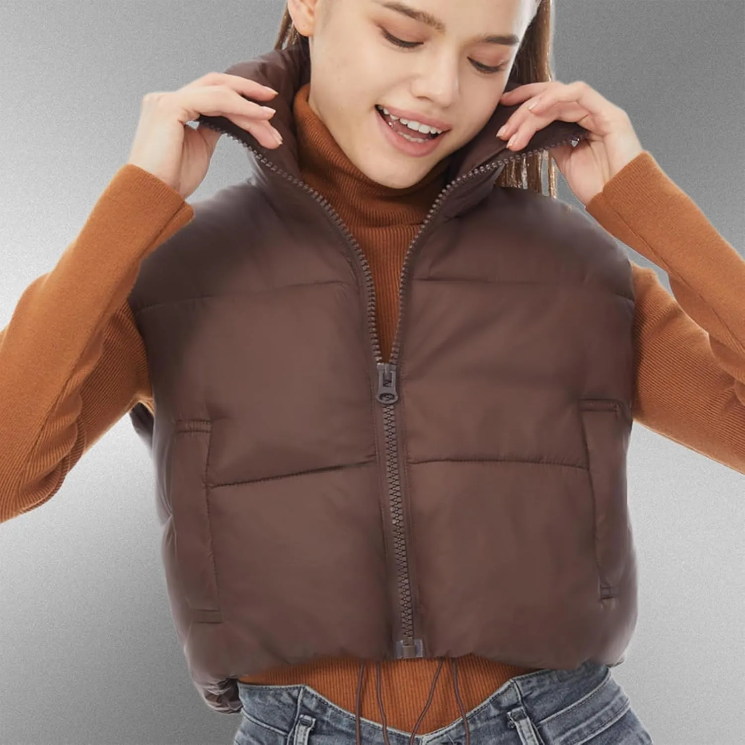 YSW Women's Cropped Puffer Vest Winter Warm Lightweight Sleeveless Outerwear Vests Stand Collar Padded Gilet