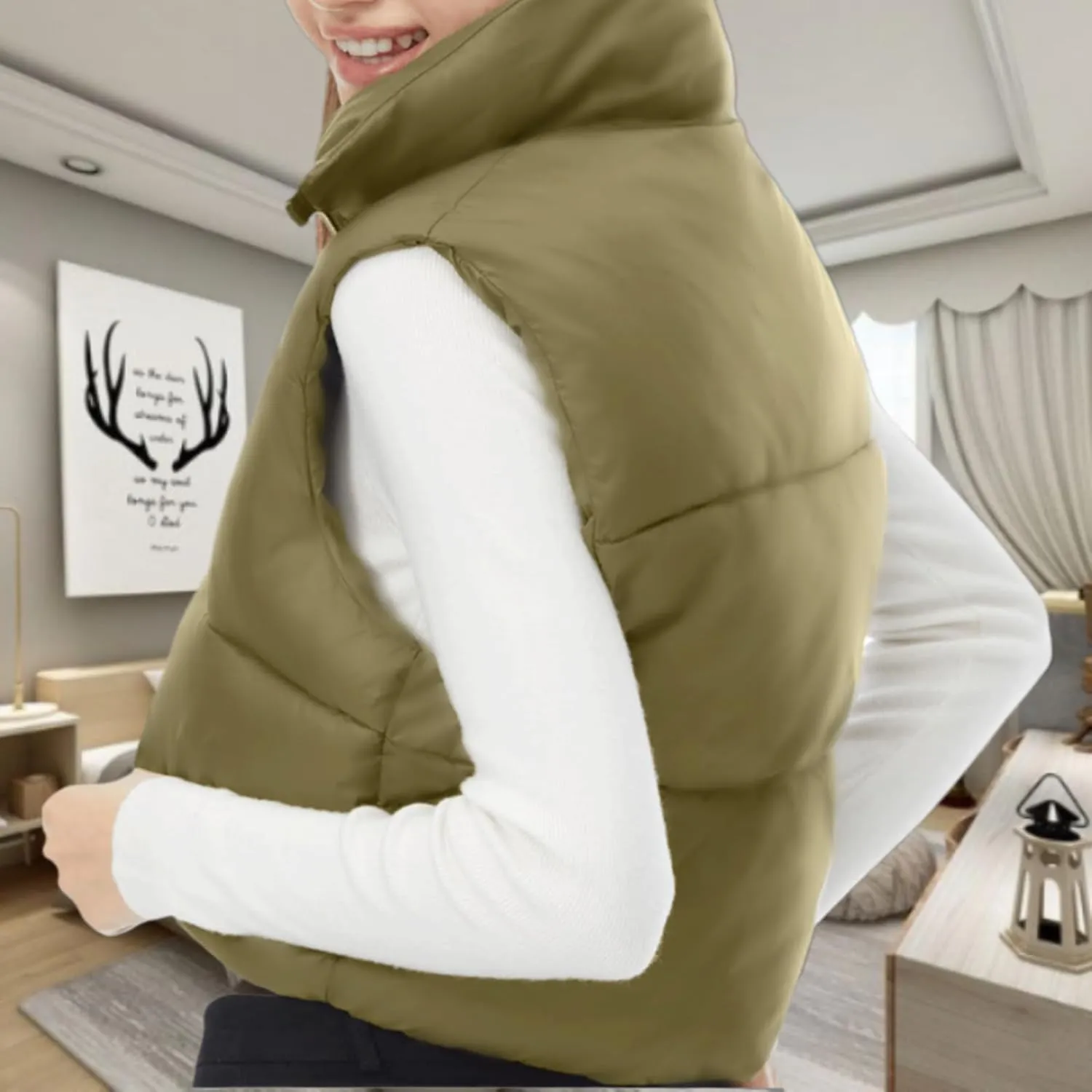 YSW Women's Cropped Puffer Vest Winter Warm Lightweight Sleeveless Outerwear Vests Stand Collar Padded Gilet