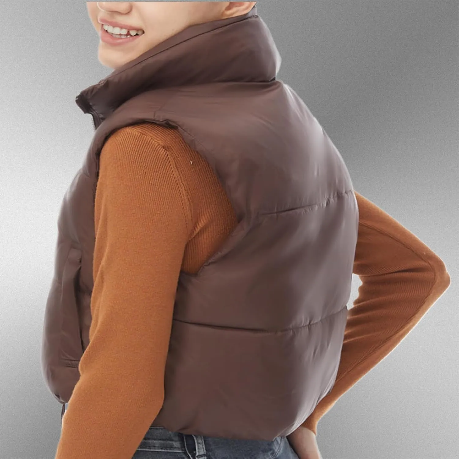 YSW Women's Cropped Puffer Vest Winter Warm Lightweight Sleeveless Outerwear Vests Stand Collar Padded Gilet