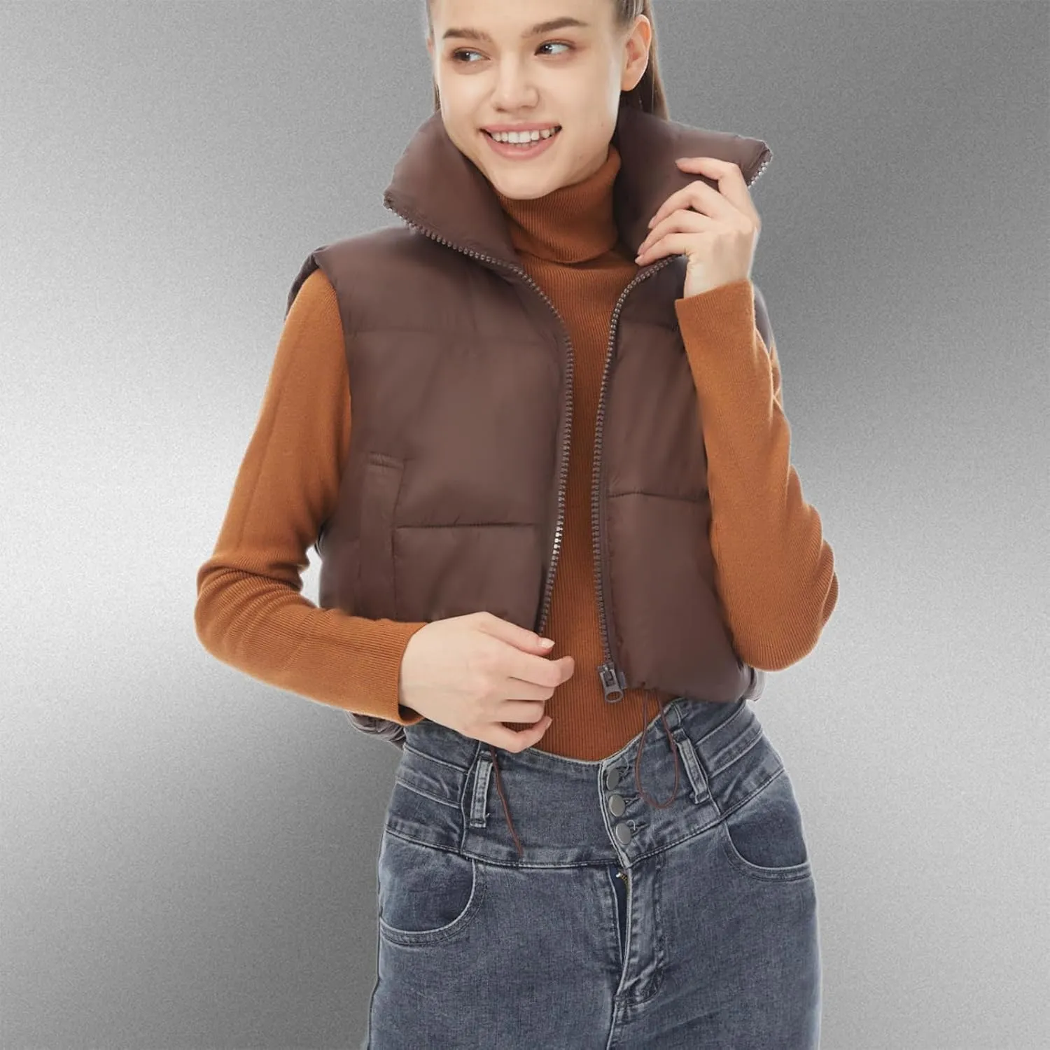 YSW Women's Cropped Puffer Vest Winter Warm Lightweight Sleeveless Outerwear Vests Stand Collar Padded Gilet
