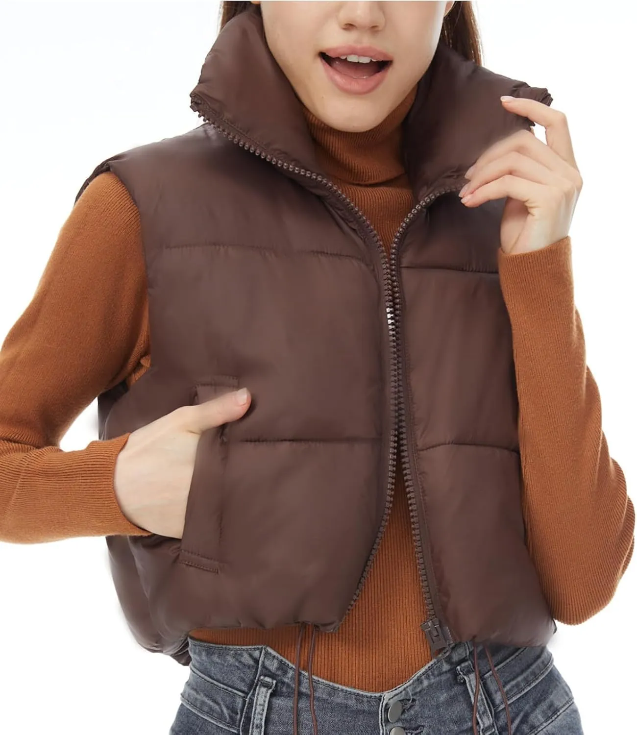 YSW Women's Cropped Puffer Vest Winter Warm Lightweight Sleeveless Outerwear Vests Stand Collar Padded Gilet